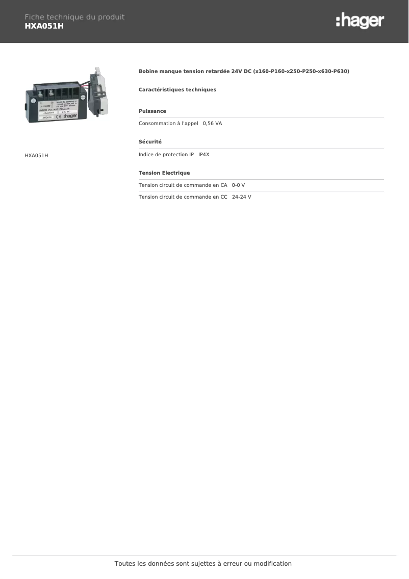 Page n°1 - Fiche technique Hager HXA051H