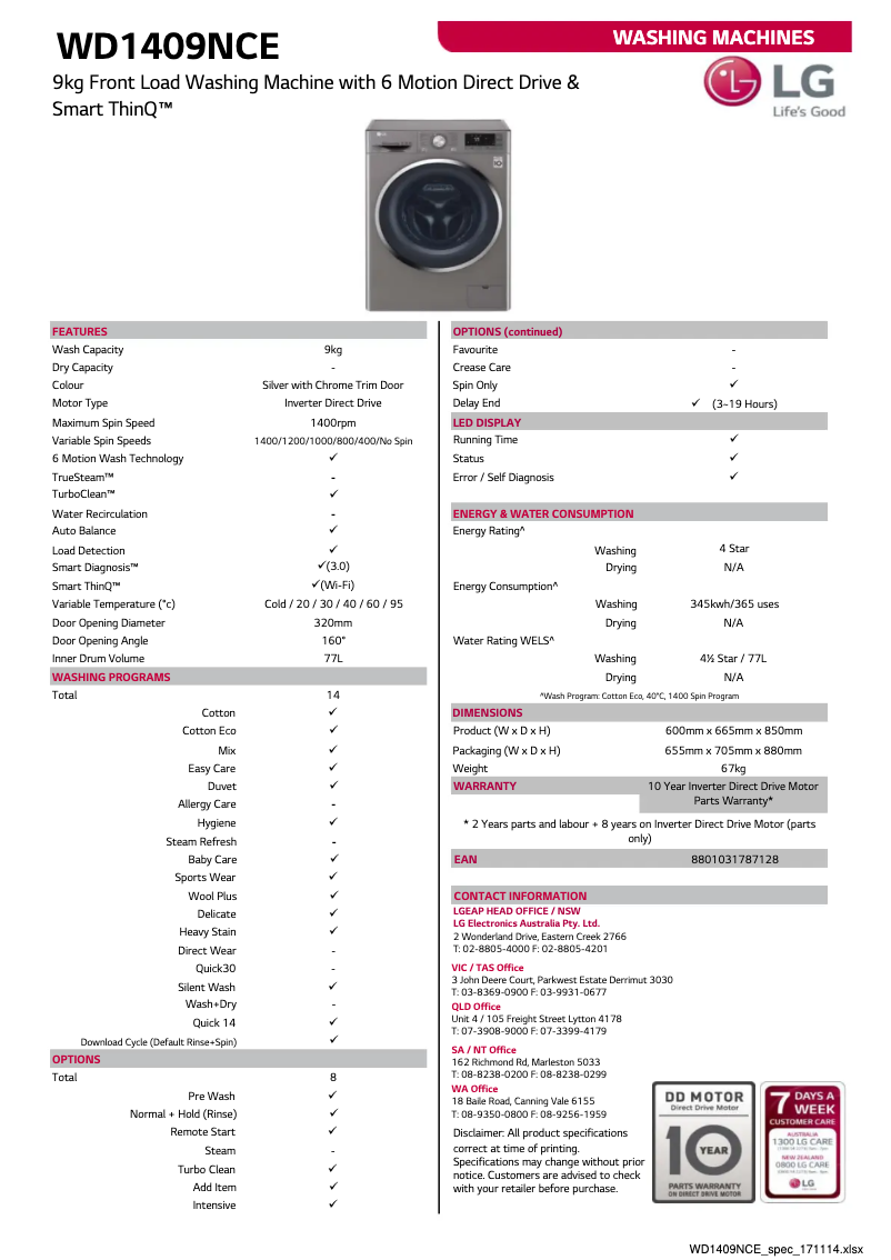 Page 1 de la notice Fiche technique LG WD1409NCE