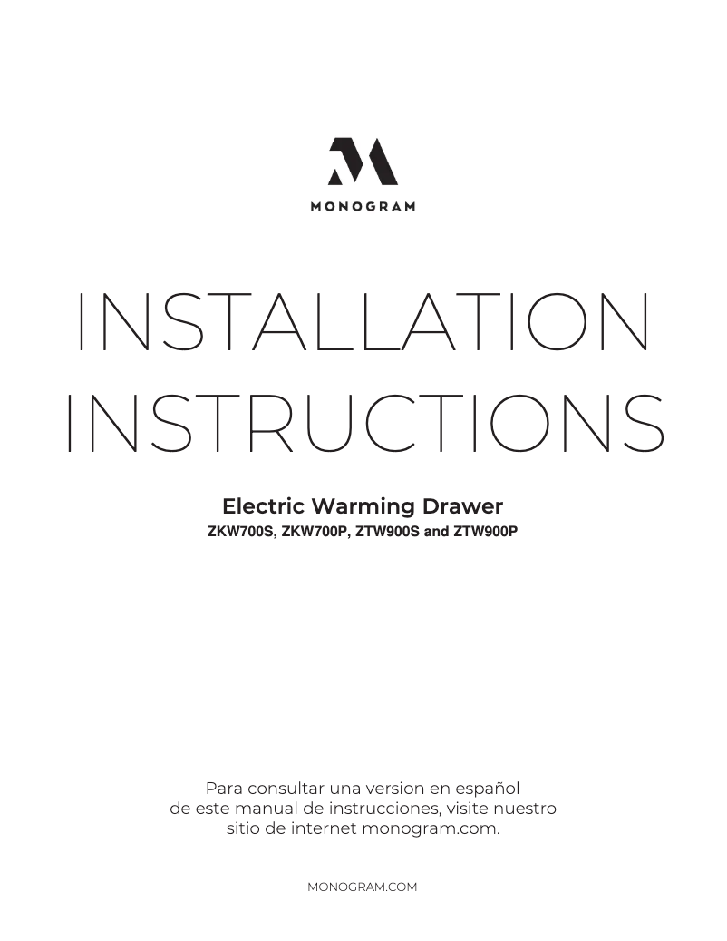 Page 1 de la notice Guide d'installation Monogram ZKW700PSNSS