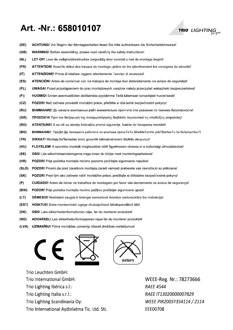 Page 1 de la notice Manuel utilisateur Trio Lighting Hokkaido 658010107