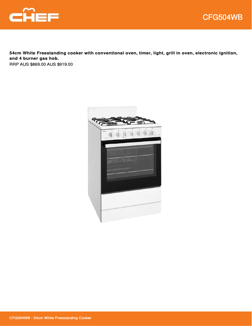Page 1 de la notice Fiche technique Chef CFG504WBNG