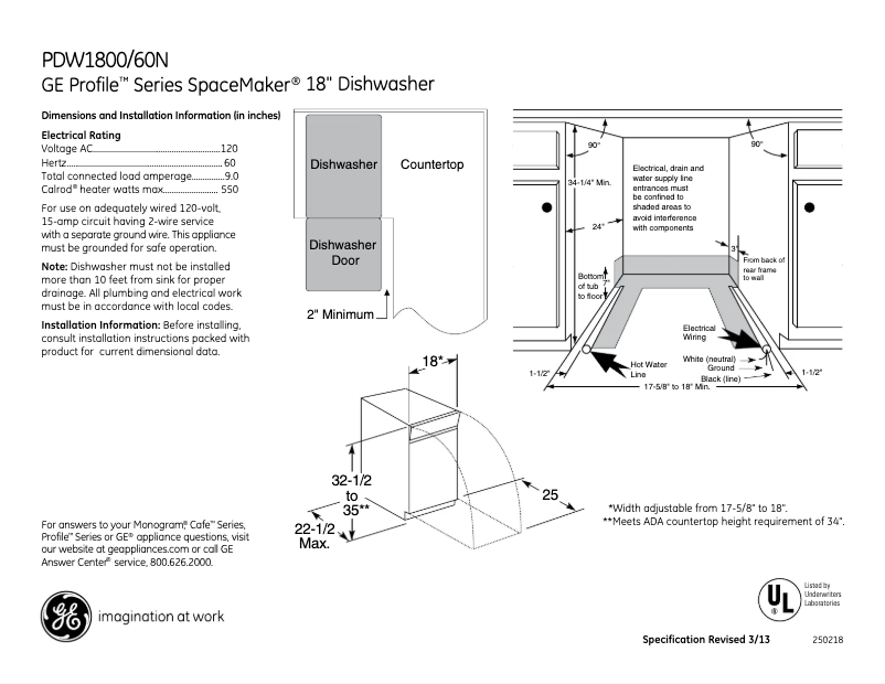Page 1 de la notice Fiche technique GE Profile PDW1800NII