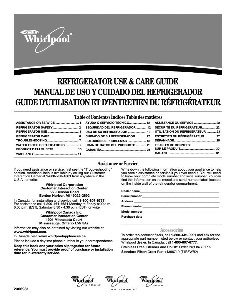 Page 1 of the manual User Manual Whirlpool GC5SHAXVB