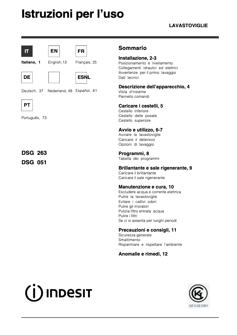 Page n°1 - Manuel utilisateur Indesit DSG 263