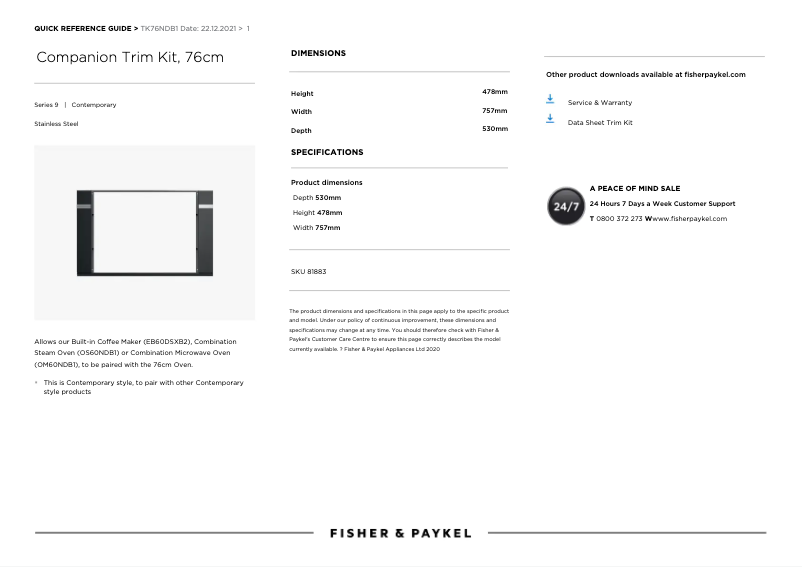 Page 1 de la notice Manuel utilisateur Fisher & Paykel TK76NDB1