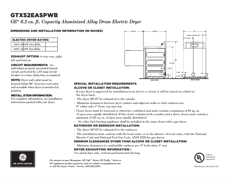 Page 1 de la notice Fiche technique GE GTX52EASPWB