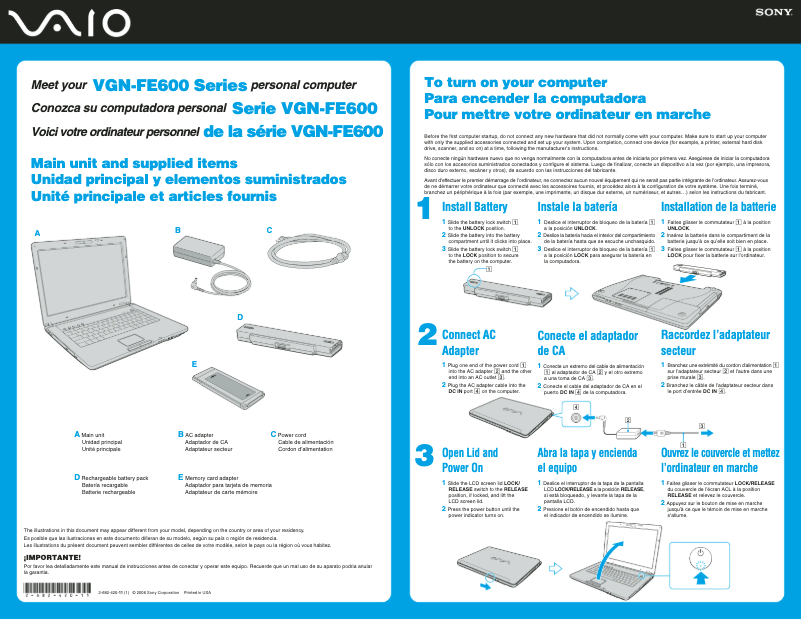 Page 1 de la notice Guide d'installation Sony Vaio VGN-FE690
