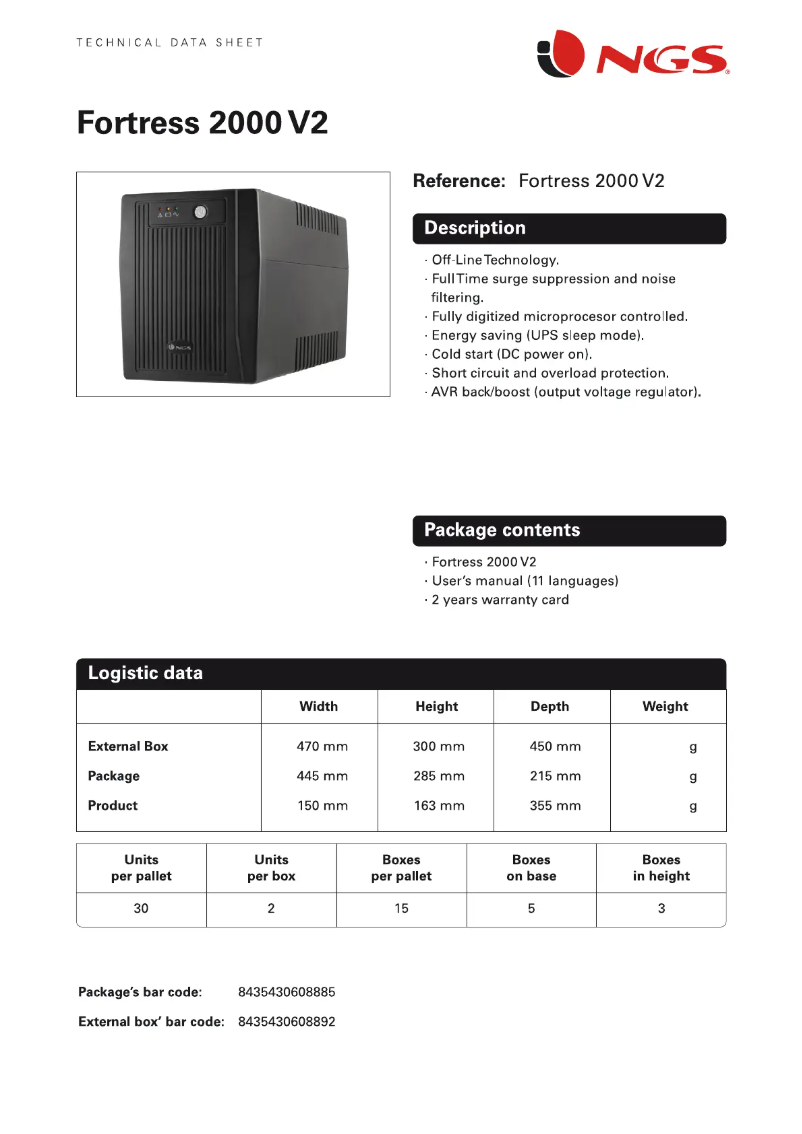 Página 1 del manual Ficha técnica NGS Fortress 2000 V2