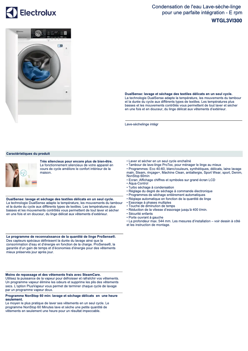 Page 1 de la notice Fiche technique Electrolux WTGL3VI300