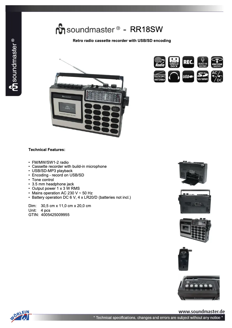 Page n°1 - Fiche technique Soundmaster RR18SW