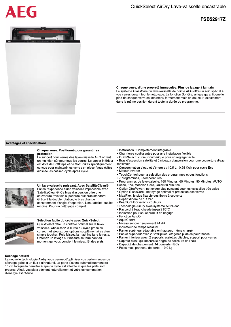 Page 1 de la notice Fiche technique AEG FSB52917Z