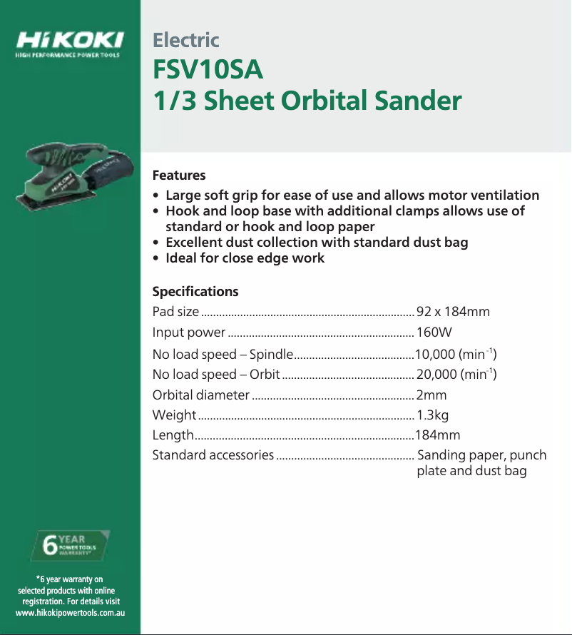 Page 1 de la notice Fiche technique HiKOKI FSV10SA