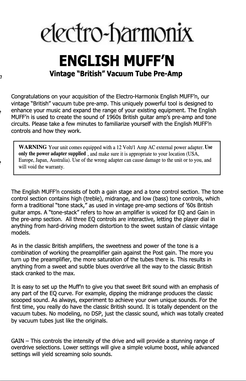 Página 1 del manual Manual de usuario Electro Harmonix English Muff’n
