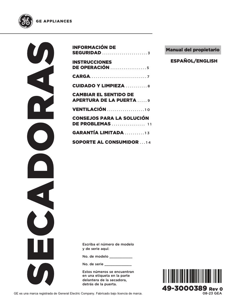 Page n°1 - Manuel d'utilisation et d'entretien GE ETD48GASWWB