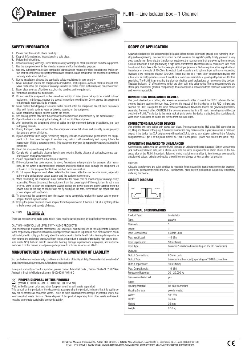 Page n°1 - Manuel utilisateur Palmer PLI-01