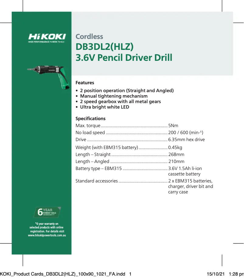 Page 1 of the manual Technical Sheet HiKOKI DB3DL2