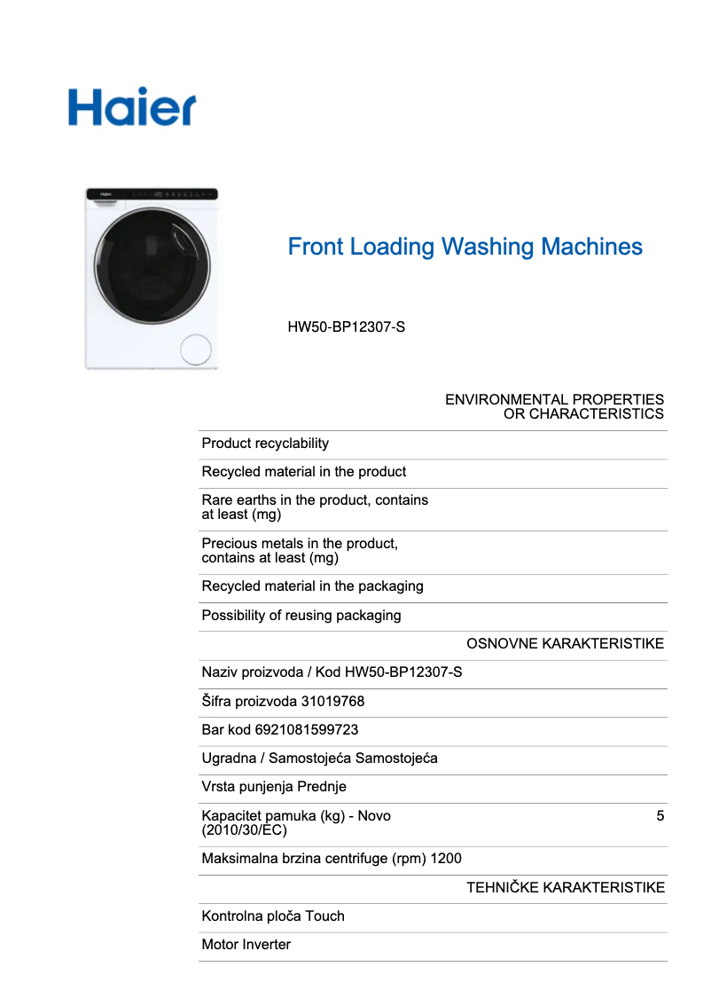 Image de la première page du manuel de l'appareil HW50-BP12307-S