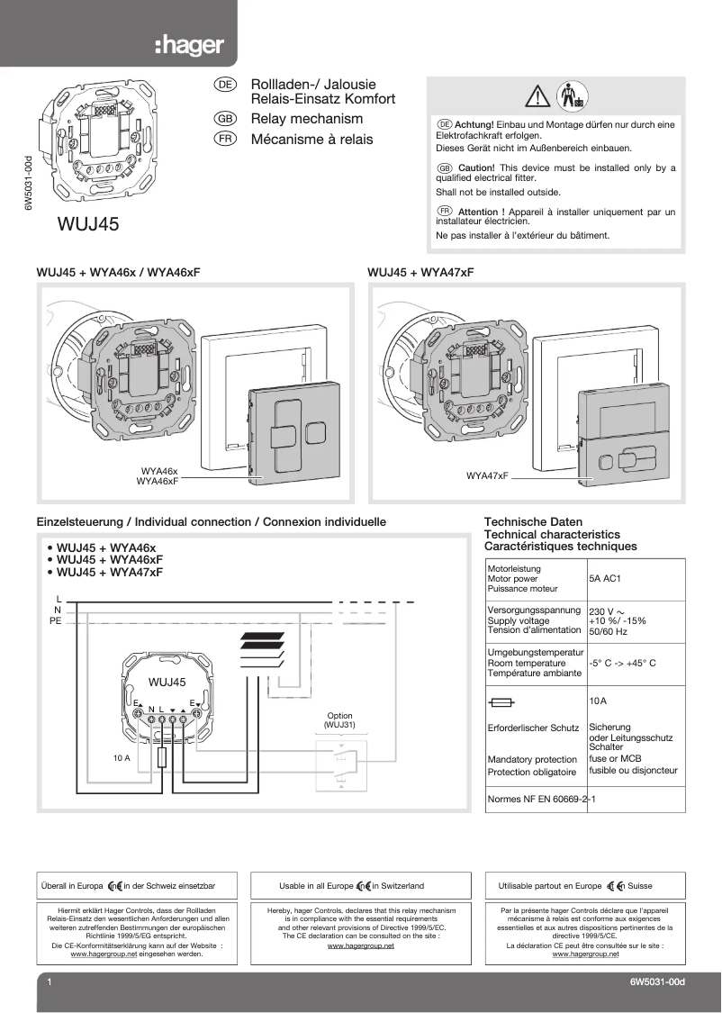 Page 1 de la notice Manuel utilisateur Hager WUJ45