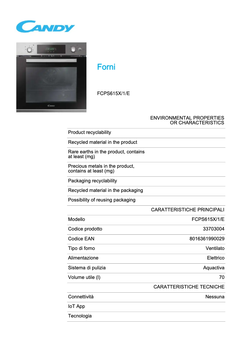 Page 1 de la notice Fiche technique Candy FCPS615X/1/E