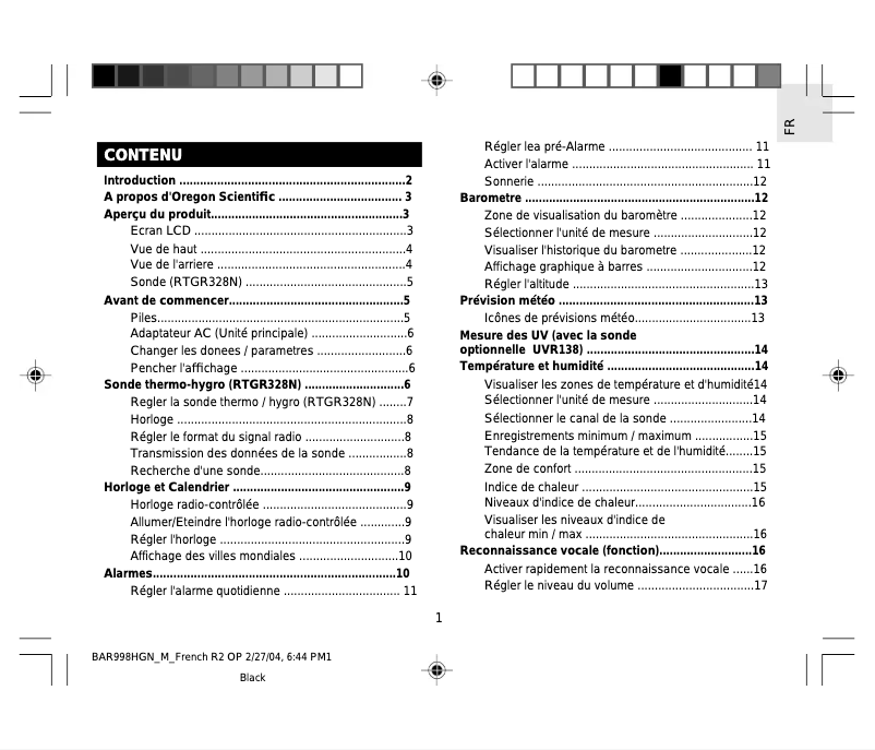 Page n°1 - Manuel utilisateur Oregon Scientific BAR998HGN