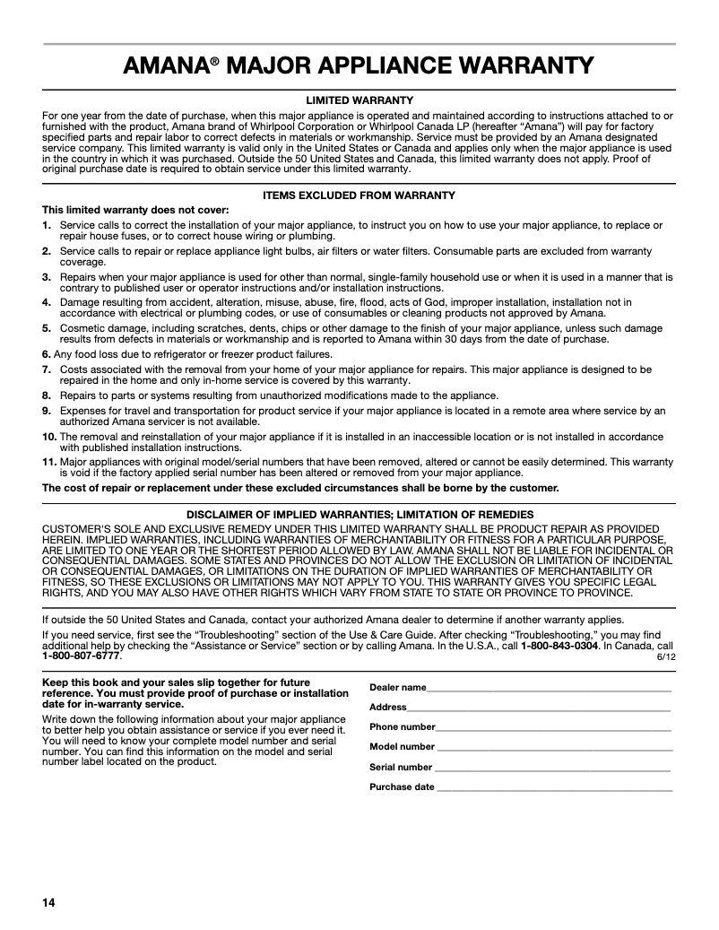 Page n°1 - Informations de garantie Amana AGG222VDW