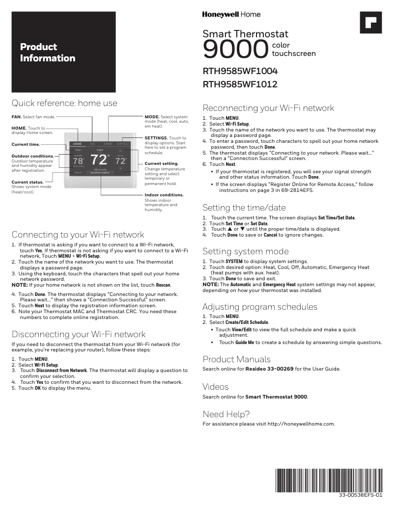 Page 1 de la notice Manuel utilisateur Honeywell RTH9585WF