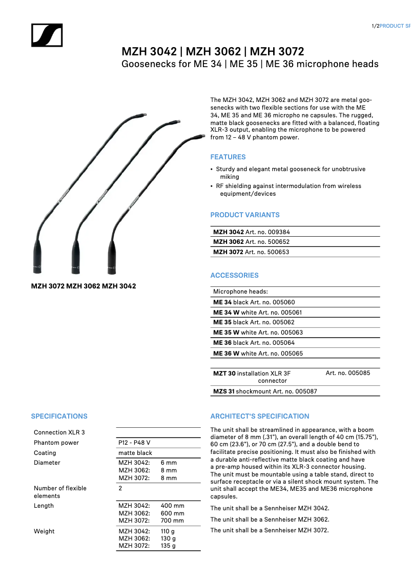 Page 1 de la notice Fiche technique Sennheiser MZH 3072