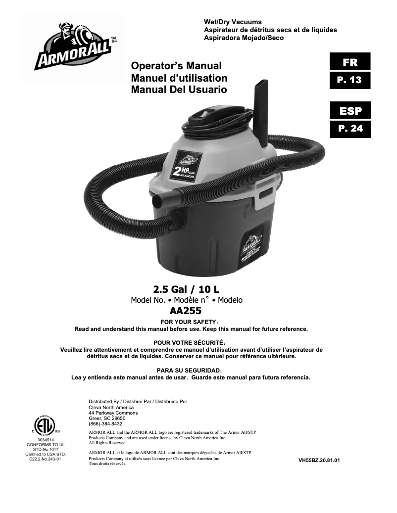 Page 1 de la notice Manuel utilisateur Armor All AA255