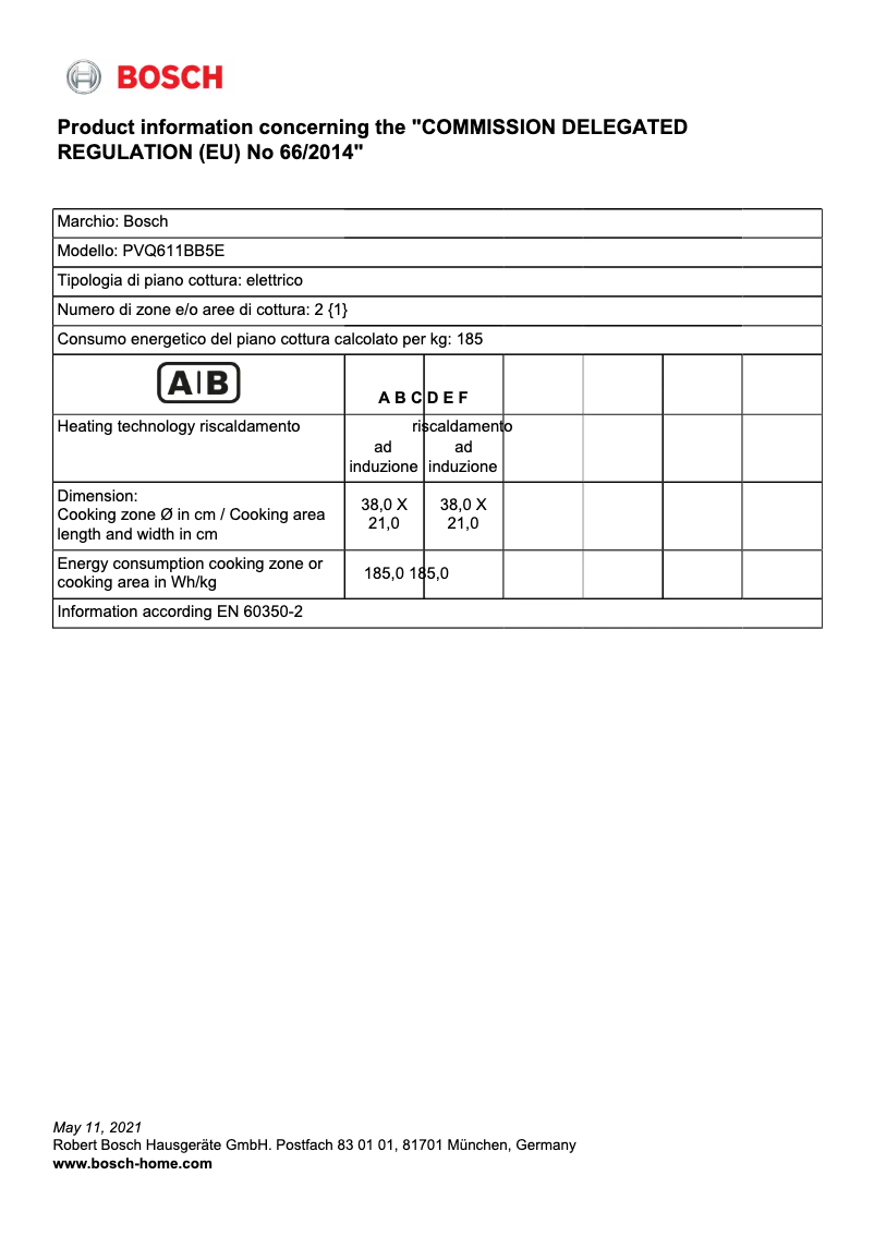 Page 1 de la notice Fiche technique Bosch PVQ611BB5E