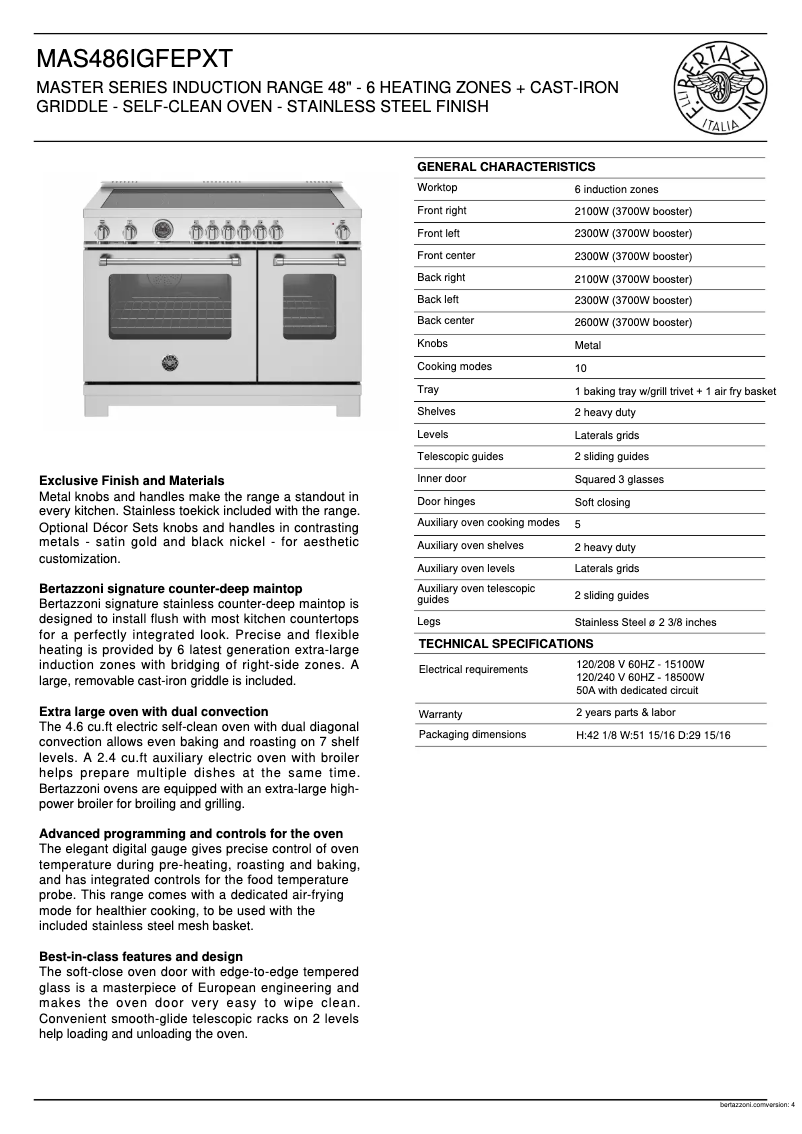 Page 1 de la notice Fiche technique Bertazzoni MAS486IGFEPXT