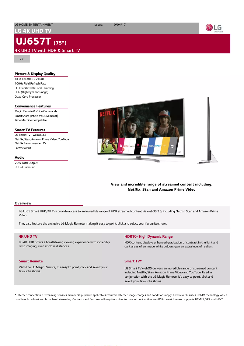 Page 1 de la notice Fiche technique LG 75UJ657T