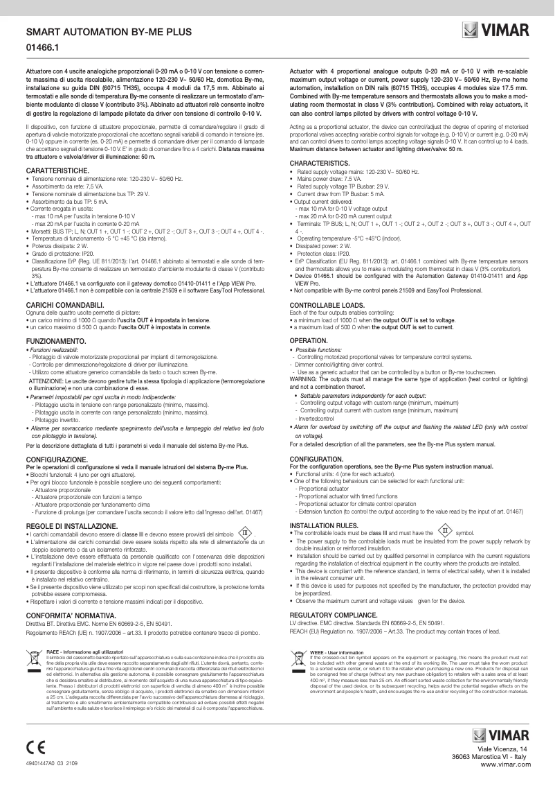 Page 1 de la notice Manuel utilisateur Vimar 01466.1