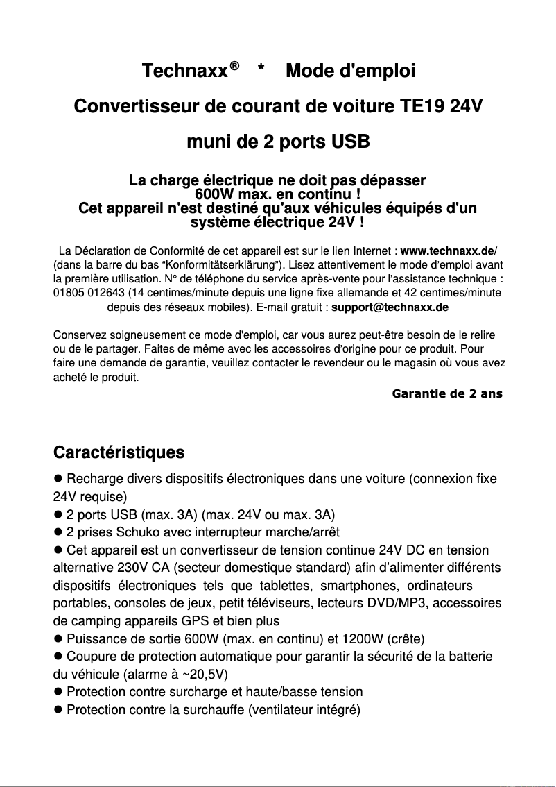 Page n°1 - Manuel utilisateur Technaxx TE19 24V
