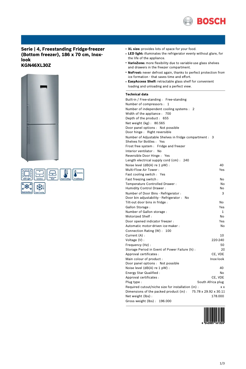 Page 1 de la notice Fiche technique Bosch KGN46XL30Z