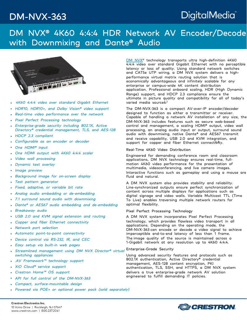 Page 1 de la notice Fiche technique Crestron DM-NVX-363