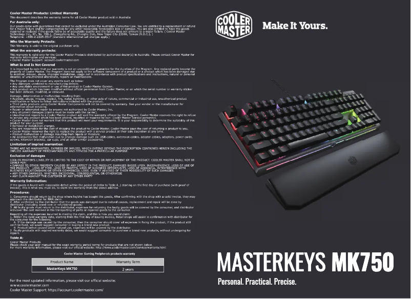 Image de la première page du manuel de l'appareil MasterKeys MK750
