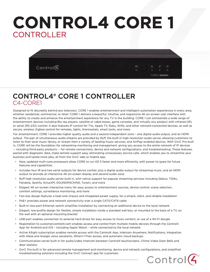 Page n°1 - Fiche technique Control4 Core 1