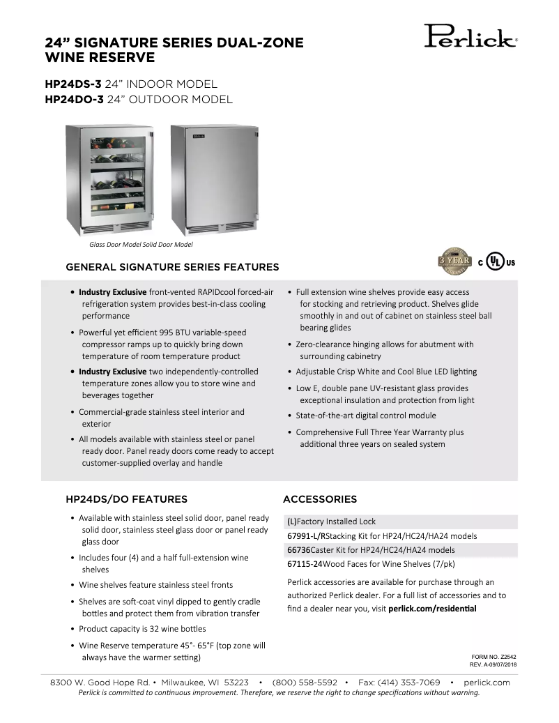 Page 1 de la notice Fiche technique Perlick HP24DS-3-2LSignature Series