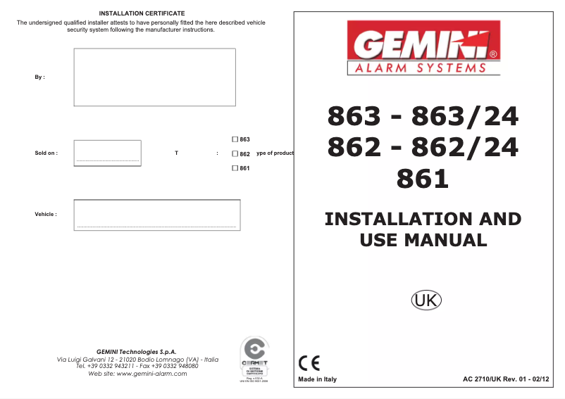 Page n°1 - Manuel utilisateur Gemini 863