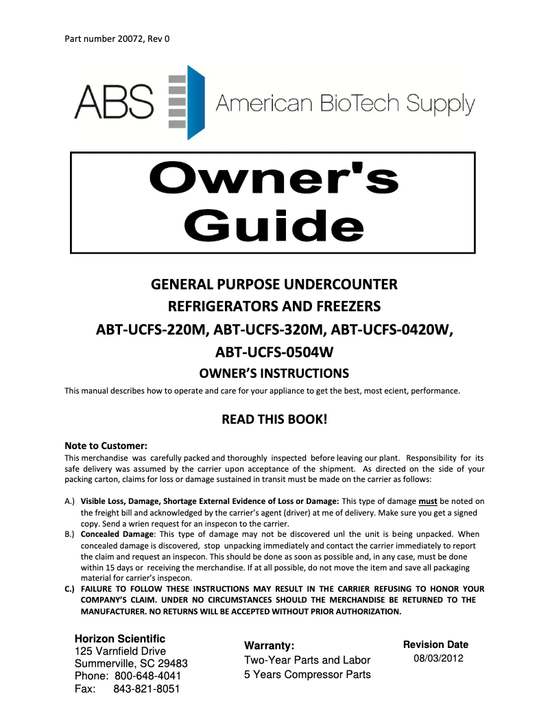 Page 1 de la notice Manuel d'utilisation et d'entretien American BioTech Supply ABT-HC-UCFS-0420W