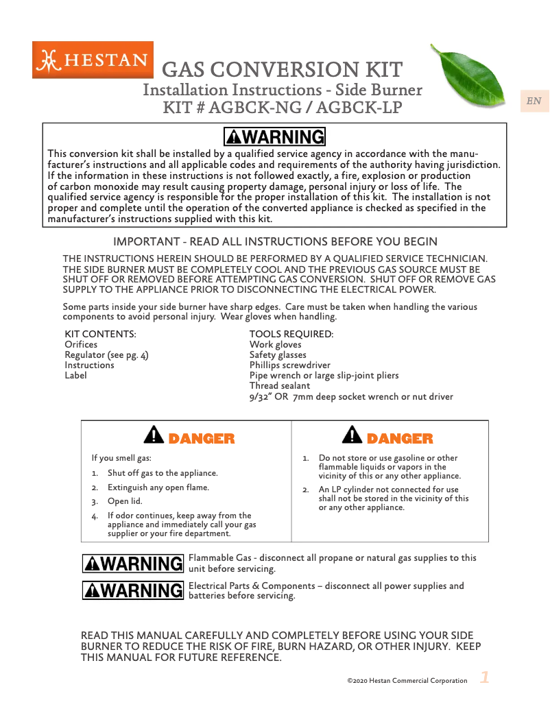 Page 1 de la notice Guide d'installation Hestan AGB122-NG