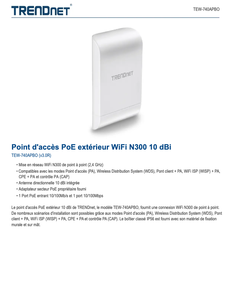 Page 1 de la notice Fiche technique TRENDnet TEW-740APBO