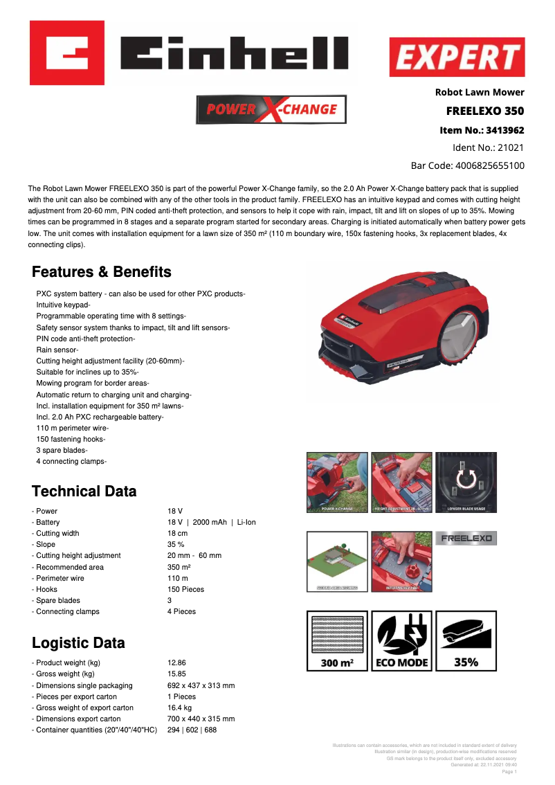 Page 1 de la notice Fiche technique Einhell FREELEXO 350