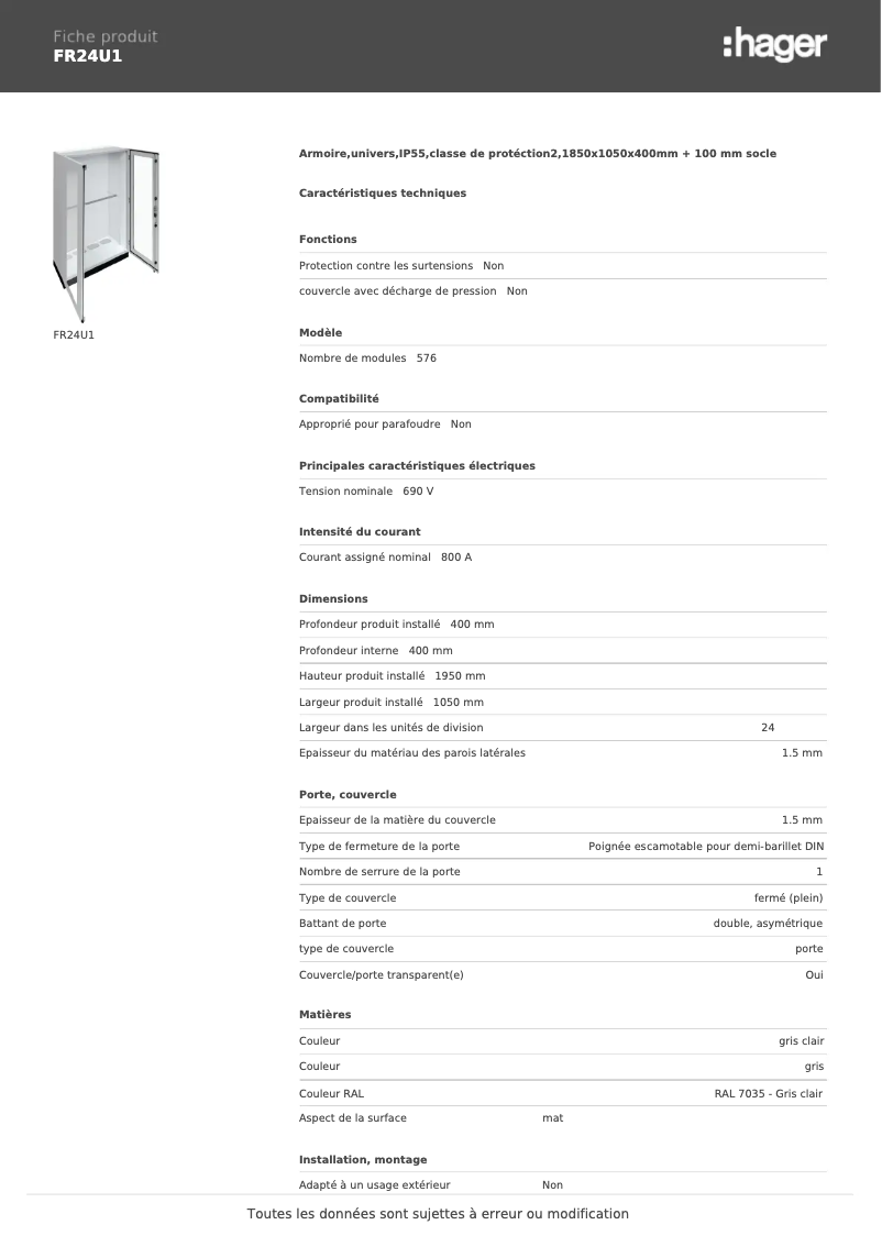 Page n°1 - Fiche technique Hager FR24U1