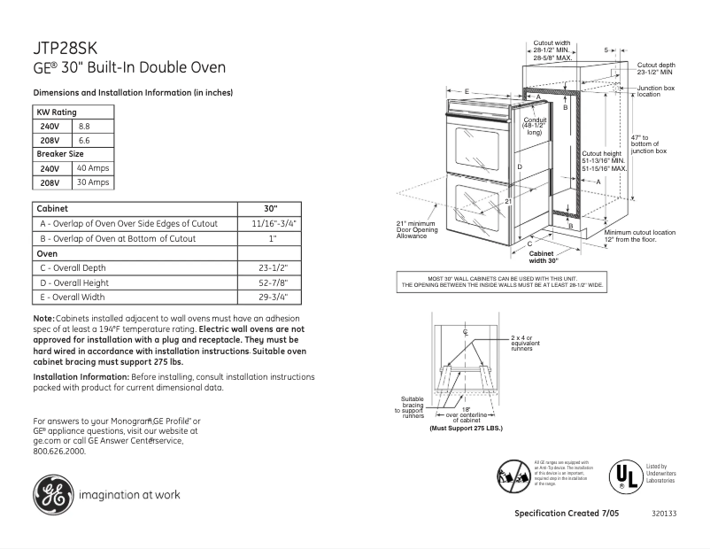 Page n°1 - Fiche technique GE JTP28SKSS