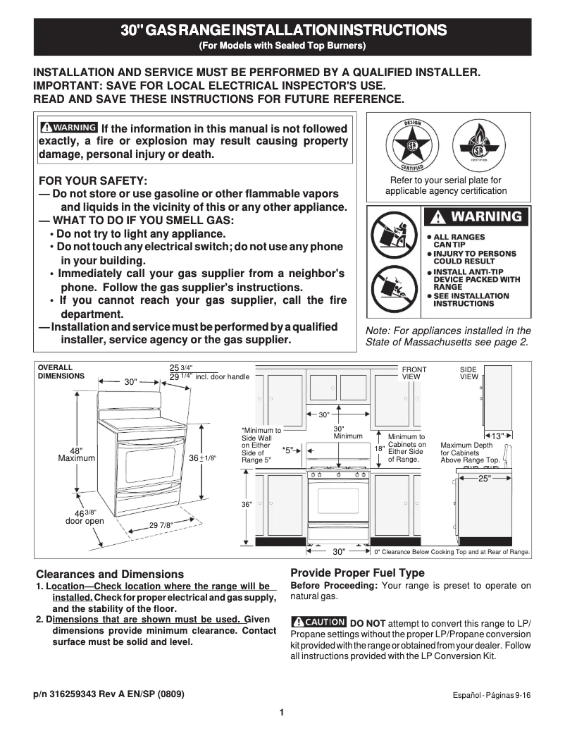 Page n°1 - Guide d'installation Frigidaire FGGF3054KF