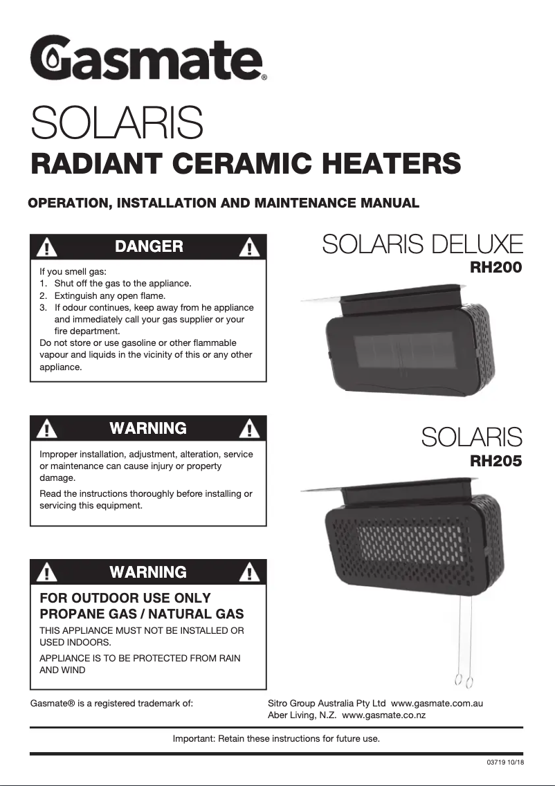 Page 1 de la notice Manuel utilisateur Gasmate Solaris RH205