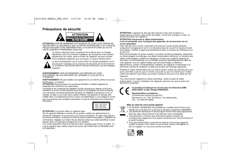 Page 1 de la notice Manuel utilisateur LG XC14