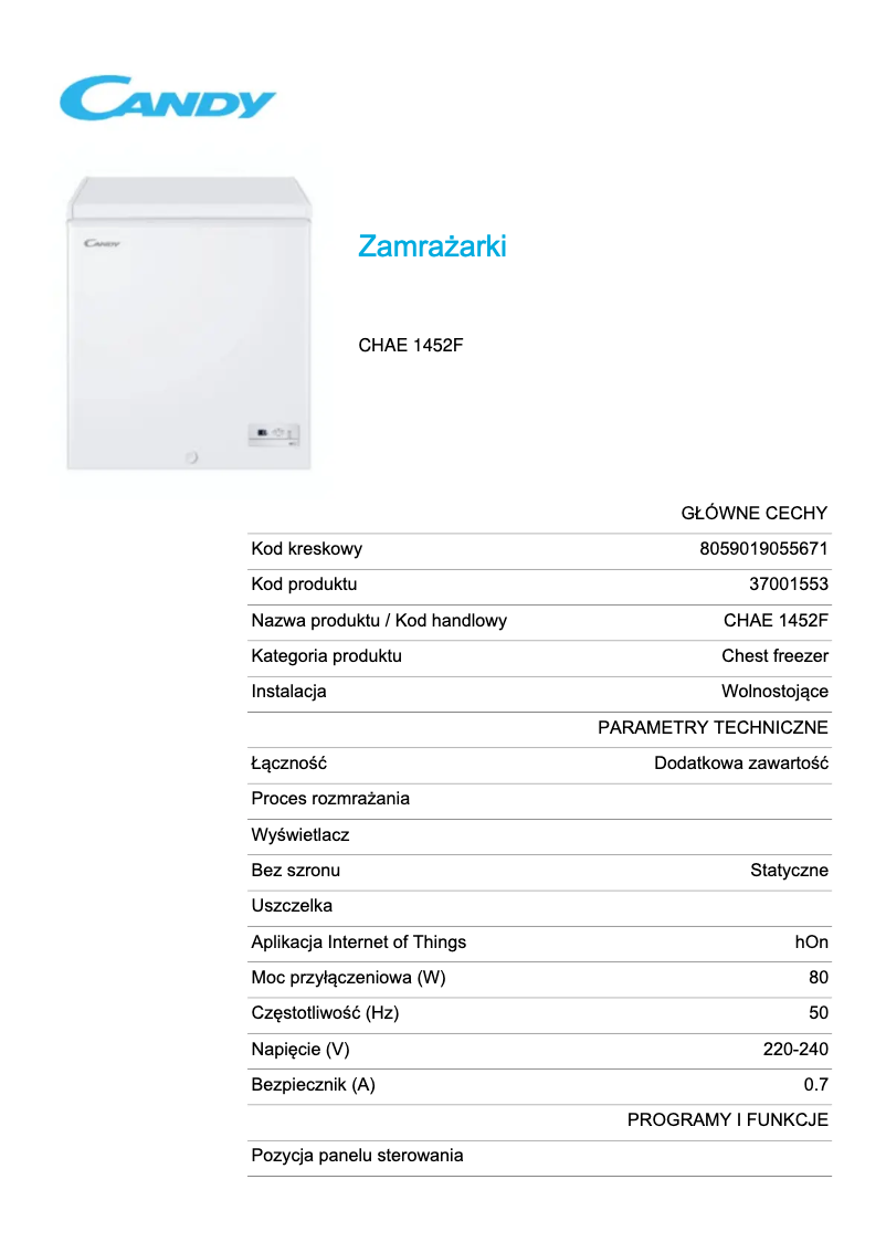 Page n°1 - Fiche technique Candy CHAE 1452F