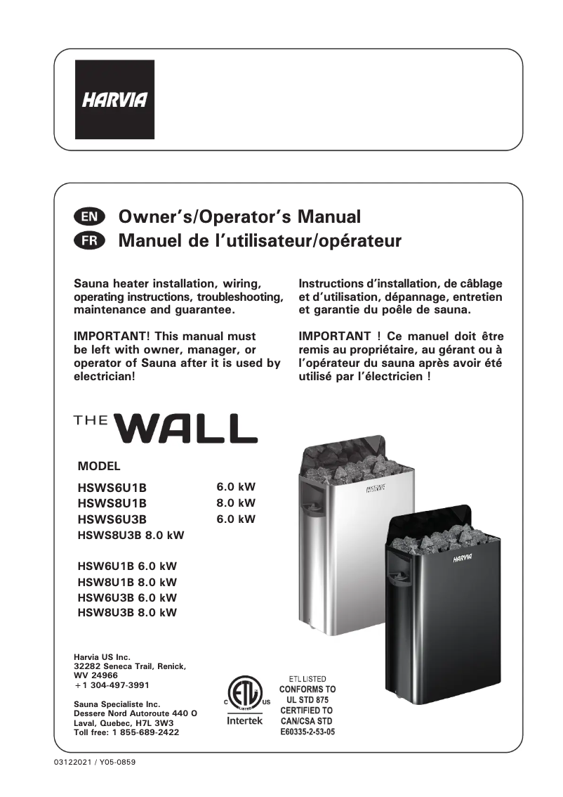 Page 1 de la notice Manuel utilisateur Harvia The Wall SW60 HSWS6U3B